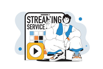Streaming service outline web modern concept in flat line design. Man watching video or cinema and using online content stream app. Vector illustration for social media banner, marketing material.
