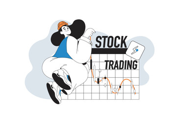 Stock trading outline web modern concept in flat line design. Woman analyzing financial graph and investing money on exchange market. Vector illustration for social media banner, marketing material.