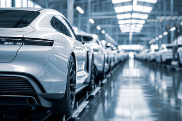 Rear view of white cars on the production line in a modern factory.