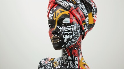 Black beautiful woman in graffiti. AI generation.