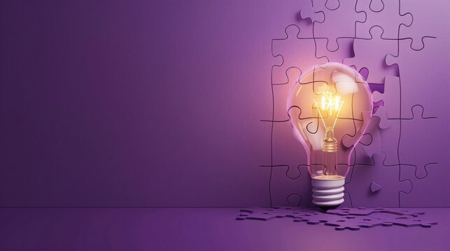 A single puzzle piece floating into place to complete a glowing light bulb, epitome of innovation, on a purple background