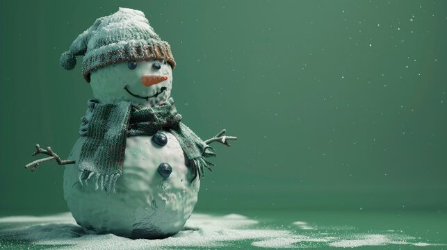 An almost melted snowman, hat and scarf drooping, conveying the heats impact, on a serene green background