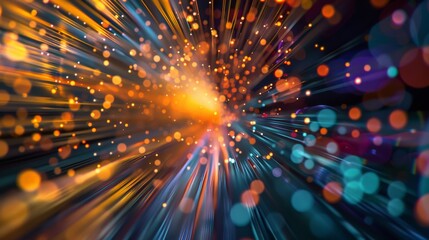 Fototapeta premium A data stream traveling through a fiber optic cable at light speed, visualized as a vibrant burst of color and light trails.