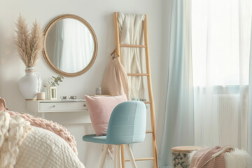 A girl's bedroom with white walls, wooden furniture and pastel colors. A small round mirror is hanging on the wall near an elegant desk featuring a blue chair in front of it