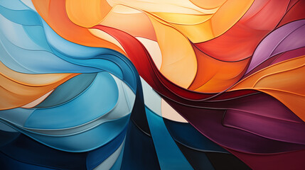 Cubism abstract with vibrant colorful geometric shapes and fragmented forms. Orange Blue Colors in Bird Feather Shape 