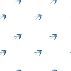 Swallow, martlet, seamless pattern, background. Clear white sky. Barn swallow flying, wings spread. Hirundo rustica on white background. Wildlife. Tattoo design, watercolor art, bird set, wild animals