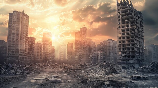 Devastated cityscape with crumbling buildings