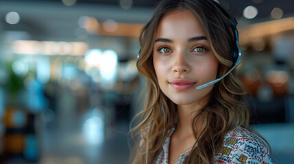 A customer service representative wearing a headset and providing assistance to a customer over the phone exemplifies professionalism clarity delivering, error, system, and customer service concepts. - obrazy, fototapety, plakaty