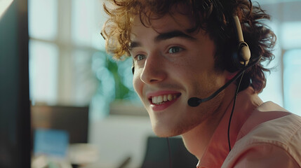 A customer service representative wearing a headset and providing assistance to a customer over the phone exemplifies professionalism clarity delivering, error, system, and customer service concepts.