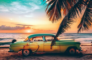 A retro car on the background of an evening beach among palm trees. Retro poster with a vintage car on the background of a tropical beach. The concept of a summer beach holiday. for postcard, banner.