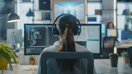 A customer service representative wearing a headset and providing assistance to a customer over the phone exemplifies professionalism clarity delivering, error, system, and customer service concepts.