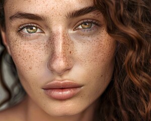 Portrait of young woman with dark skin and freckles. The fashion for freckles. Natural beauty is a concept.