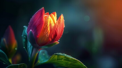 A flower bud slowly unfurling its petals, revealing a vibrant splash of color inside. Abstract background with soft light. - obrazy, fototapety, plakaty