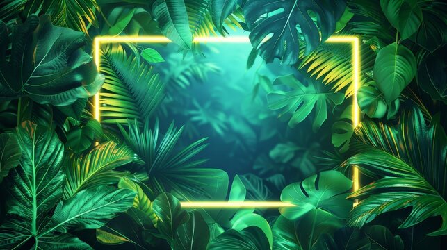 A bold square frame design with an abstract neon background and tropical leaves