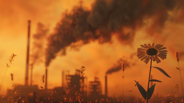 A factory spewing thick black smoke into a hazy orange sky, with a single wilting flower in the foreground, symbolizing the detrimental impact of industrial pollution on the environment.