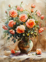 A watercolor painting of roses flowers in vase on rough paper, Generative AI