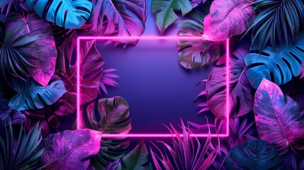 neon background with tropical leaves, using a color combination of pink and purple