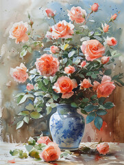 A watercolor painting of roses flowers in vase on rough paper, Generative AI