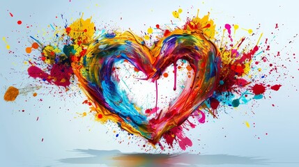 A creative composition showcasing a multitude of colorful paint splashes forming an intricate heart shape