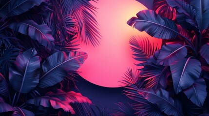 A crescent frame design featuring an abstract neon background with tropical leaves