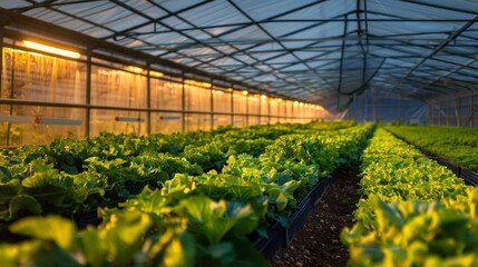 A greenhouse bathed in an artificial glow, with rows of healthy vegetables growing hydroponically, representing controlled-environment agriculture - obrazy, fototapety, plakaty