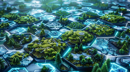 Hexagons frame biomes, revealing nature's mosaic connected by light paths.