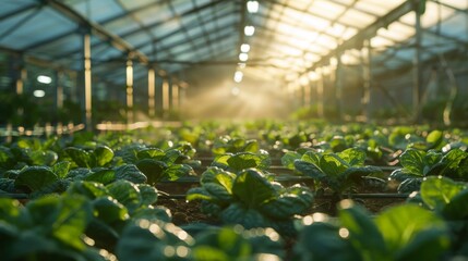 A greenhouse bathed in an artificial glow, with rows of healthy vegetables growing hydroponically, representing controlled-environment agriculture - obrazy, fototapety, plakaty