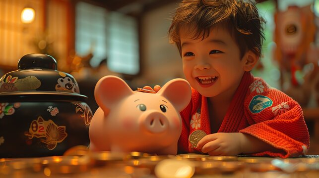 An animated Japanesestyle boy in a judo uniform, dropping coins into a judogishaped piggy bank, vibrant gold background