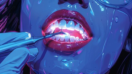 Animated depiction of a dentist applying fluoride treatment, closeup on the brush application - obrazy, fototapety, plakaty
