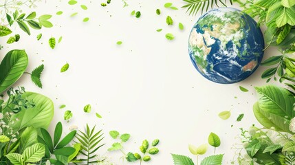 A green-themed illustration with planet Earth and symbols of nature