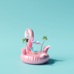 Flamingo float on blue background. Creative minimal summer concept. 3d rendering