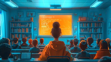 Animated depiction of a person teaching kids about sustainability, blue and orange classroom - obrazy, fototapety, plakaty