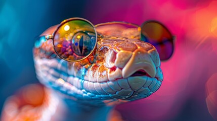 A high-resolution, ultra-realistic photograph of a stylish snake accessorized with colorful glasses - obrazy, fototapety, plakaty