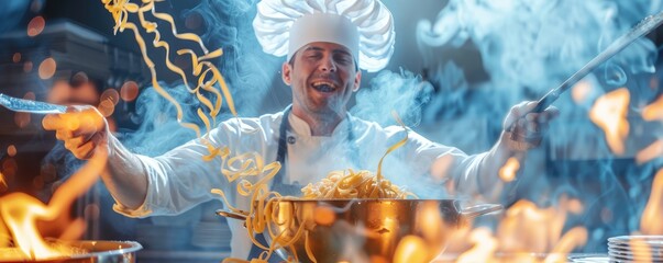 Chef in white attire expertly making fresh pasta in a stylishly designed modern kitchen environment, exhibit culinary art