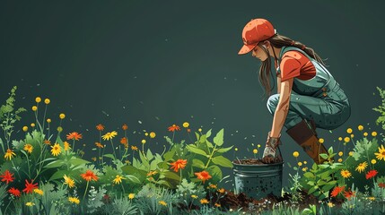 Animated depiction of a person setting up a home composting bin, brown and aqua background - obrazy, fototapety, plakaty