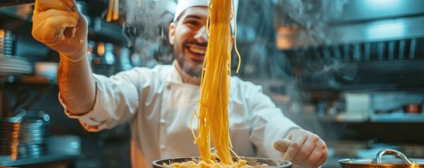 Chef in white attire expertly making fresh pasta in a stylishly designed modern kitchen environment, exhibit culinary art