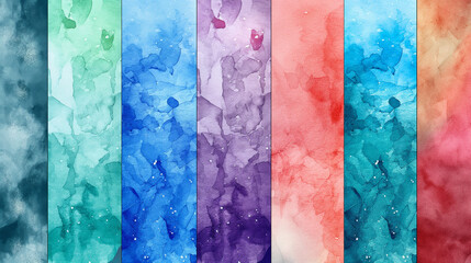  A set of watercolor textures with soft pastel colors, arranged in vertical rows for seamless...