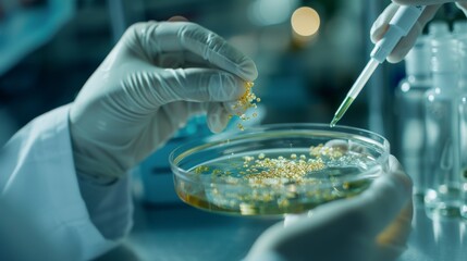 A laboratory setting with scientists in white coats examining a petri dish containing genetically modified seeds, representing the role of biotechnology in modern agriculture