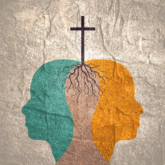 Christian cross rooted in heads. Christianity concept illustration.