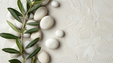 Fototapeta na wymiar A minimalist photo showcasing an olive branch surrounded by white stones