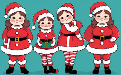 A set of four cute funny girls in a Santa outfit, illustration on a green background