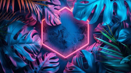 A modern hexagon frame design featuring an abstract neon background with tropical leaves