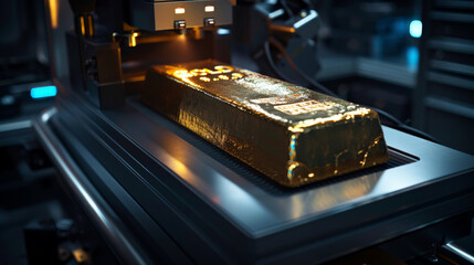 A high-tech security scanner verifying the authenticity of a gold bar, showcasing the importance of trust and security in the gold business. - obrazy, fototapety, plakaty