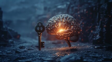A keyhole shaped like a brain, with a glowing key approaching it, symbolizing unlocking the potential of the mind.