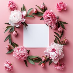 Obraz premium an aesthetic Valentines Day and Mothers Day mockup template, featuring a wreath made of pink peonies flowers and a blank square paper sheet on a pink background with copy space