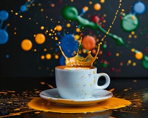 aereal shot of a coffee art over a clean coffee cup, splashes of yellow, green and blue paint behind it, black background