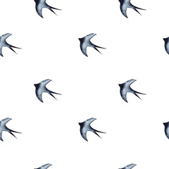 Fototapeta premium Swallow, martlet, seamless pattern, background. Clear white sky. Barn swallow flying, wings spread. Hirundo rustica on white background. Wildlife. Tattoo design, watercolor art, bird set, wild animals