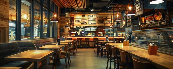 Fototapeta premium Cozy empty interior of a modern restaurant with warm lights