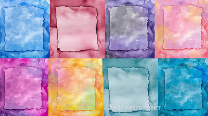  A set of watercolor textures with soft pastel colors, arranged in vertical rows for seamless background patterns. The textures are in the style of various artists