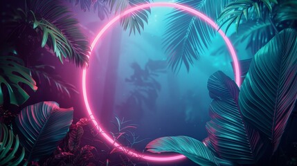 Fototapeta na wymiar A striking abstract neon background adorned with tropical leaves and a circular frame